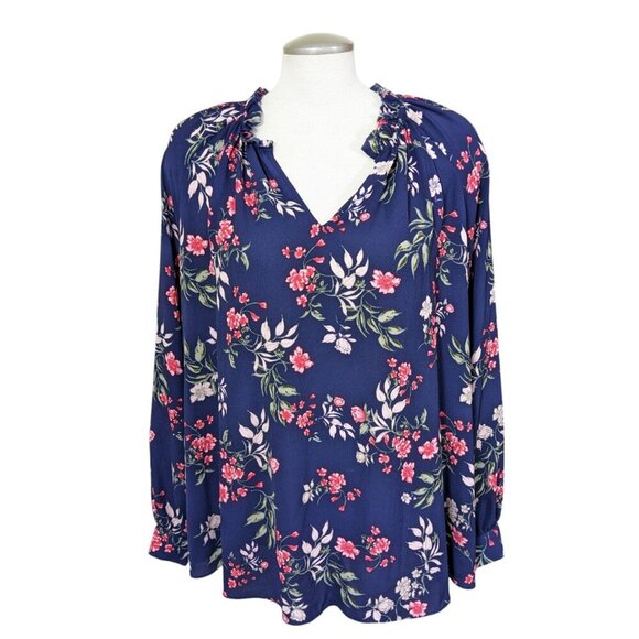 Lord & Taylor Woman Ladies Plus Size 3X Blouse Top Semi Sheer Blue Floral V Neck - Picture 1 of 7